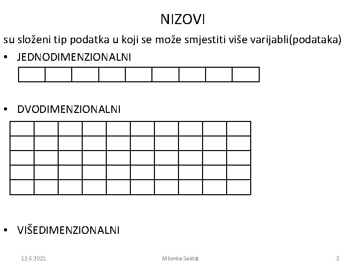 NIZOVI su složeni tip podatka u koji se može smjestiti više varijabli(podataka) • JEDNODIMENZIONALNI