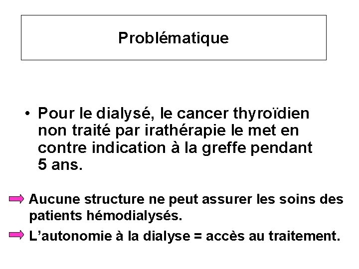 Problématique • Pour le dialysé, le cancer thyroïdien non traité par irathérapie le met