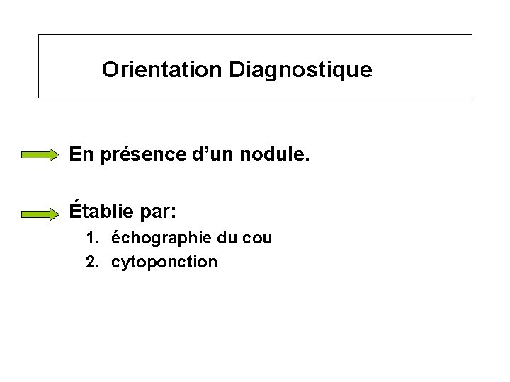 Orientation Diagnostique En présence d’un nodule. Établie par: 1. échographie du cou 2. cytoponction