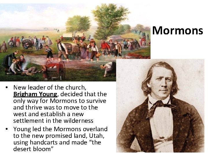 Mormons • New leader of the church, Brigham Young, decided that the only way