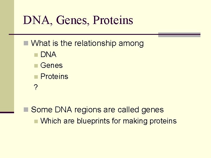 DNA, Genes, Proteins n What is the relationship among n DNA n Genes n