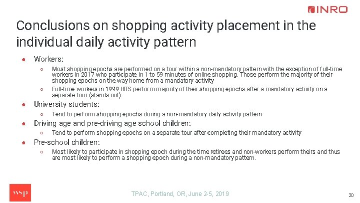 Conclusions on shopping activity placement in the individual daily activity pattern ● Workers: ○