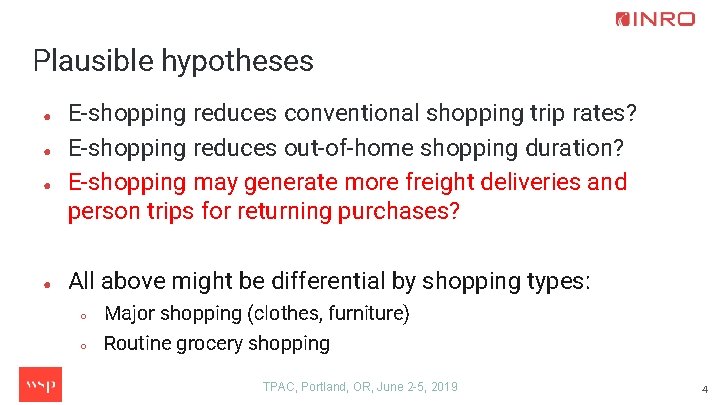 Plausible hypotheses ● ● E-shopping reduces conventional shopping trip rates? E-shopping reduces out-of-home shopping