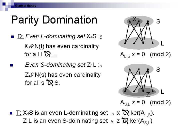 General theory Parity Domination n S D: Even L-dominating set X 4 S :