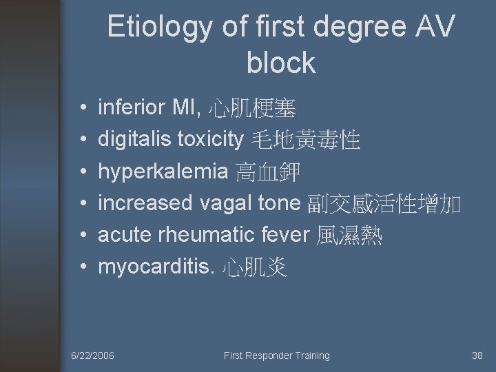 Etiology of first degree AV block • • • inferior MI, 心肌梗塞 digitalis toxicity