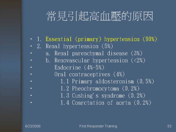 常見引起高血壓的原因 • 1. Essential (primary) hypertension (90%) • 2. Renal hypertension (5%) • a.