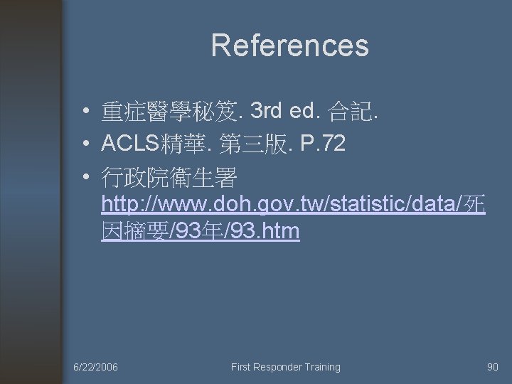 References • 重症醫學秘笈. 3 rd ed. 合記. • ACLS精華. 第三版. P. 72 • 行政院衛生署