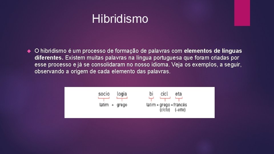 Hibridismo O hibridismo é um processo de formação de palavras com elementos de línguas