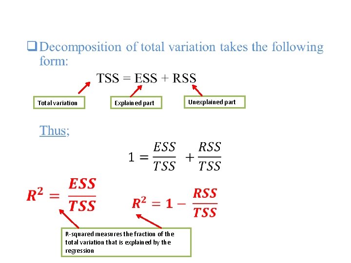  • Total variation Explained part R-squared measures the fraction of the total variation