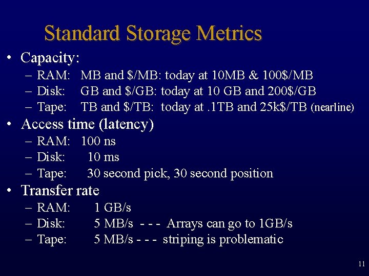 Standard Storage Metrics • Capacity: – RAM: MB and $/MB: today at 10 MB