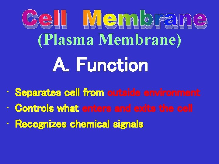 Cell Membrane (Plasma Membrane) A. Function • Separates cell from outside environment • Controls
