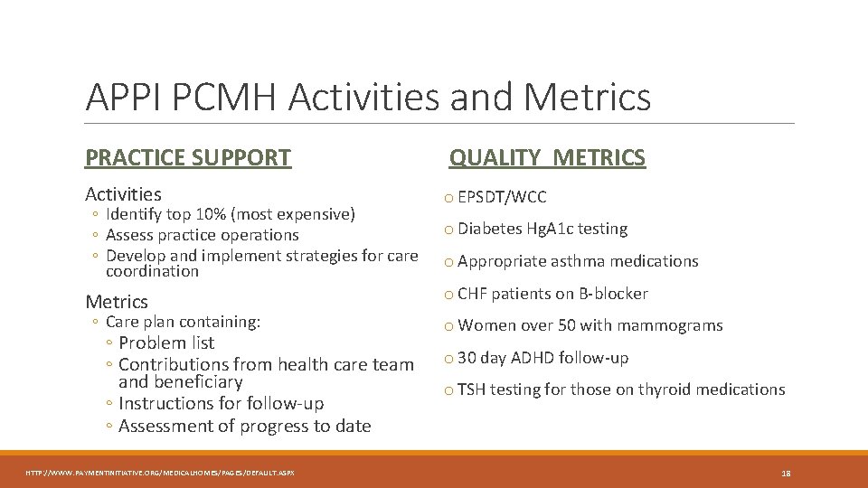 APPI PCMH Activities and Metrics PRACTICE SUPPORT Activities ◦ Identify top 10% (most expensive)