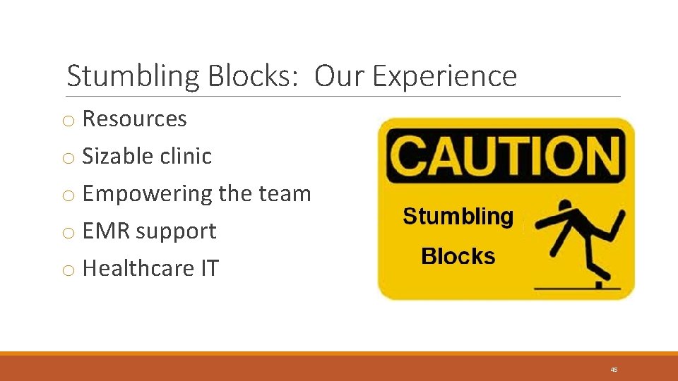 Stumbling Blocks: Our Experience o Resources o Sizable clinic o Empowering the team o