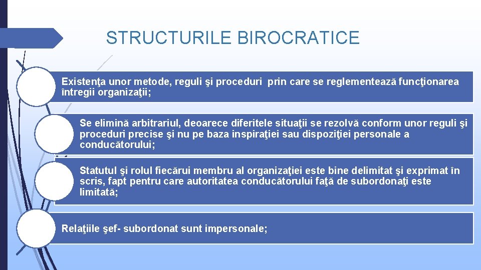 STRUCTURILE BIROCRATICE Existenţa unor metode, reguli şi proceduri prin care se reglementează funcţionarea întregii