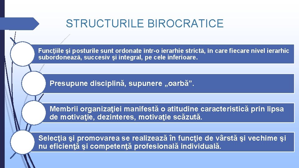 STRUCTURILE BIROCRATICE Funcţiile şi posturile sunt ordonate într-o ierarhie strictă, în care fiecare nivel