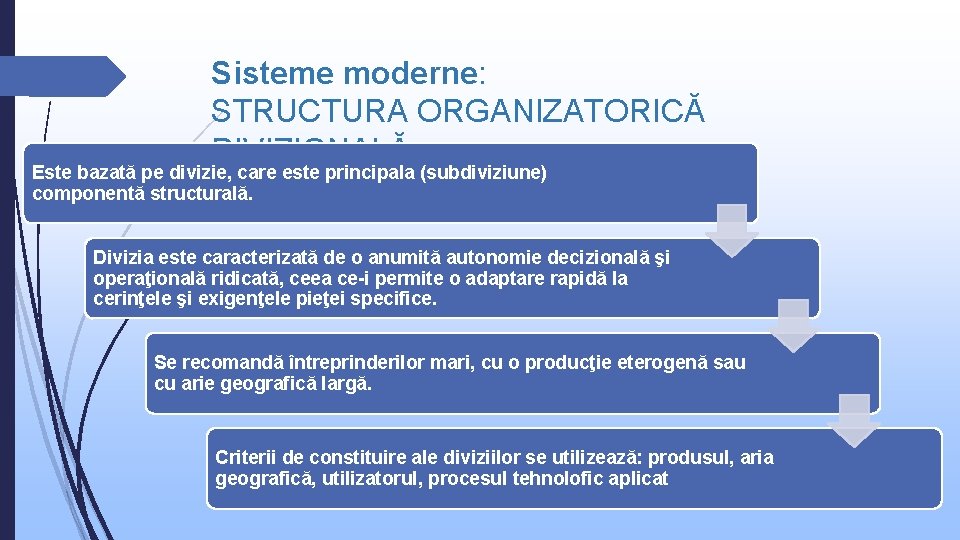 Sisteme moderne: STRUCTURA ORGANIZATORICĂ DIVIZIONALĂ Este bazată pe divizie, care este principala (subdiviziune) componentă