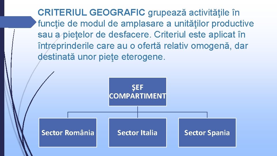 CRITERIUL GEOGRAFIC grupează activităţile în funcţie de modul de amplasare a unităţilor productive sau