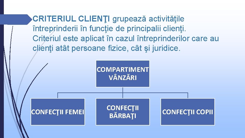 CRITERIUL CLIENŢI grupează activităţile întreprinderii în funcţie de principalii clienţi. Criteriul este aplicat în