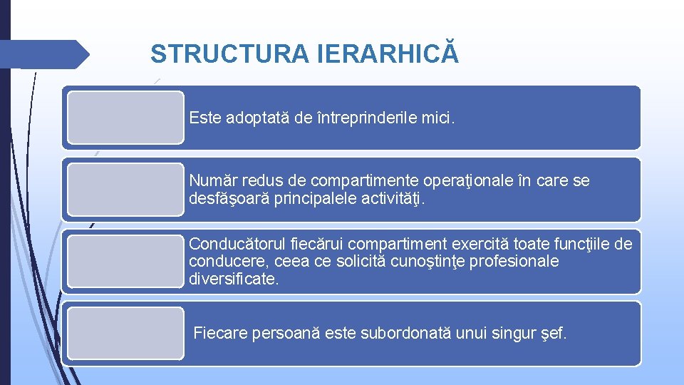 STRUCTURA IERARHICĂ Este adoptată de întreprinderile mici. Număr redus de compartimente operaţionale în care