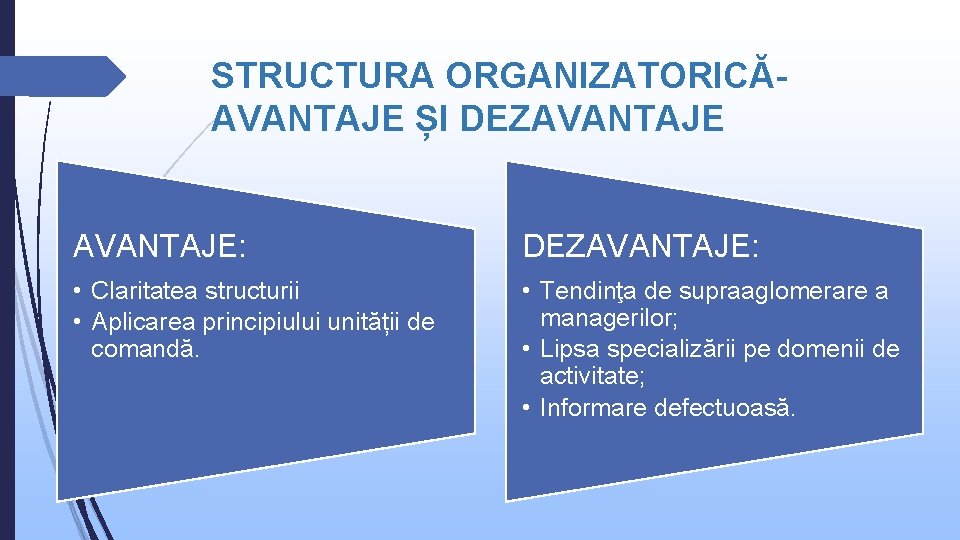 STRUCTURA ORGANIZATORICĂAVANTAJE ȘI DEZAVANTAJE: DEZAVANTAJE: • Claritatea structurii • Aplicarea principiului unității de comandă.