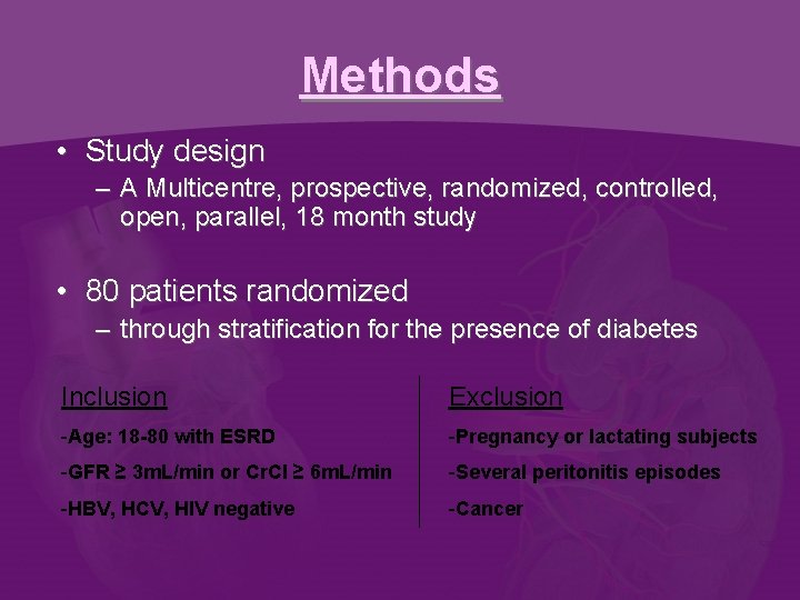 Methods • Study design – A Multicentre, prospective, randomized, controlled, open, parallel, 18 month