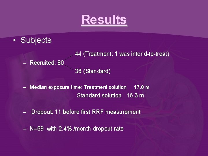 Results • Subjects 44 (Treatment: 1 was intend-to-treat) – Recruited: 80 36 (Standard) –