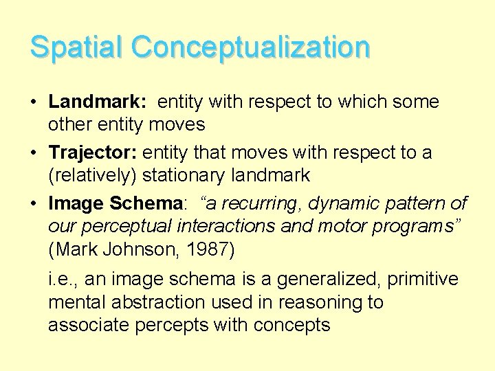 Spatial Conceptualization • Landmark: entity with respect to which some other entity moves •