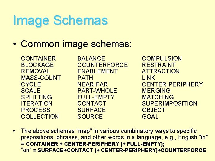 Image Schemas • Common image schemas: CONTAINER BLOCKAGE REMOVAL MASS-COUNT CYCLE SCALE SPLITTING ITERATION