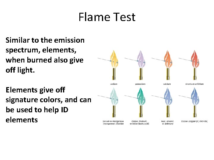 Flame Test Similar to the emission spectrum, elements, when burned also give off light.
