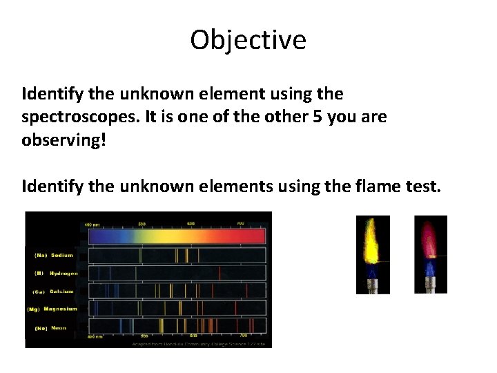 Objective Identify the unknown element using the spectroscopes. It is one of the other