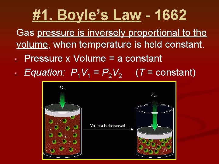 #1. Boyle’s Law - 1662 Gas pressure is inversely proportional to the volume, when