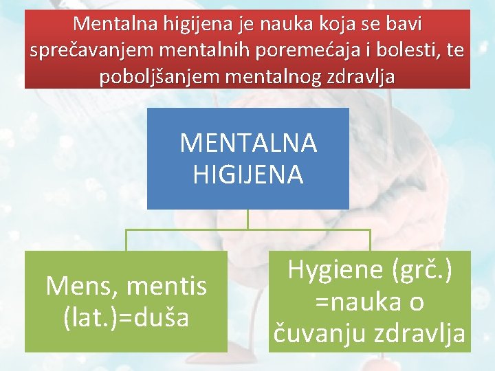 Mentalna higijena je nauka koja se bavi sprečavanjem mentalnih poremećaja i bolesti, te poboljšanjem