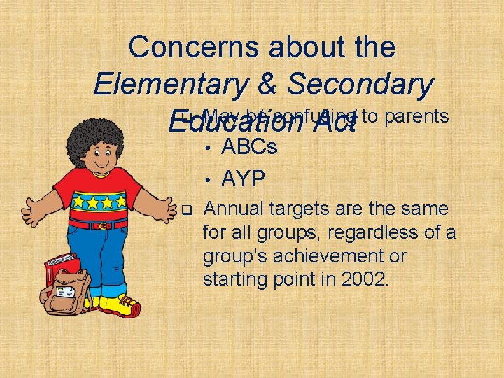 Concerns about the Elementary & Secondary q May be confusing to parents Education Act