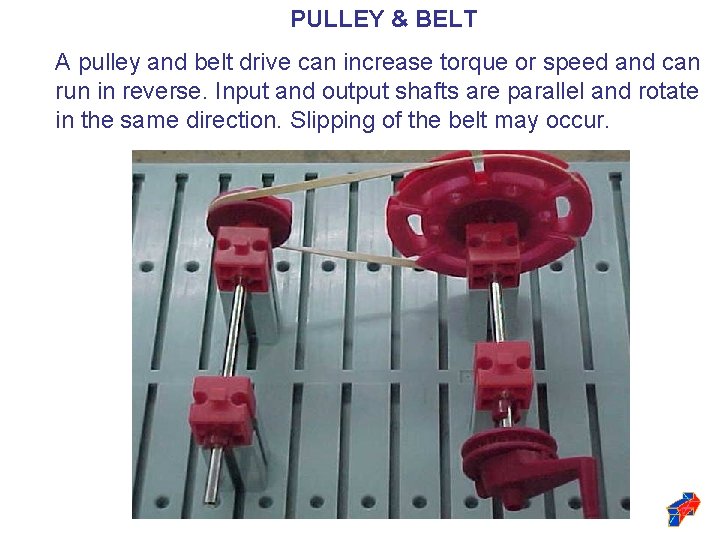 PULLEY & BELT A pulley and belt drive can increase torque or speed and