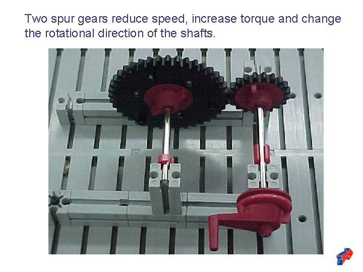 Two spur gears reduce speed, increase torque and change the rotational direction of the