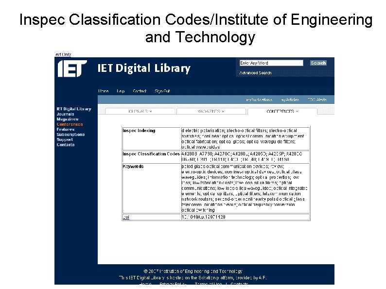 Inspec Classification Codes/Institute of Engineering and Technology 