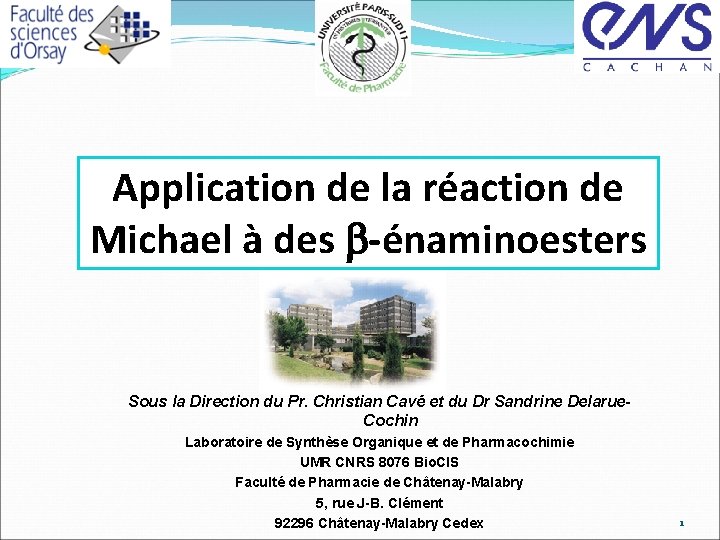 Application de la réaction de Michael à des b-énaminoesters Sous la Direction du Pr.