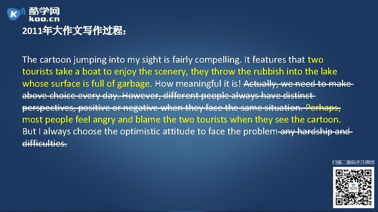 2011年大作文写作过程： The cartoon jumping into my sight is fairly compelling. It features that two