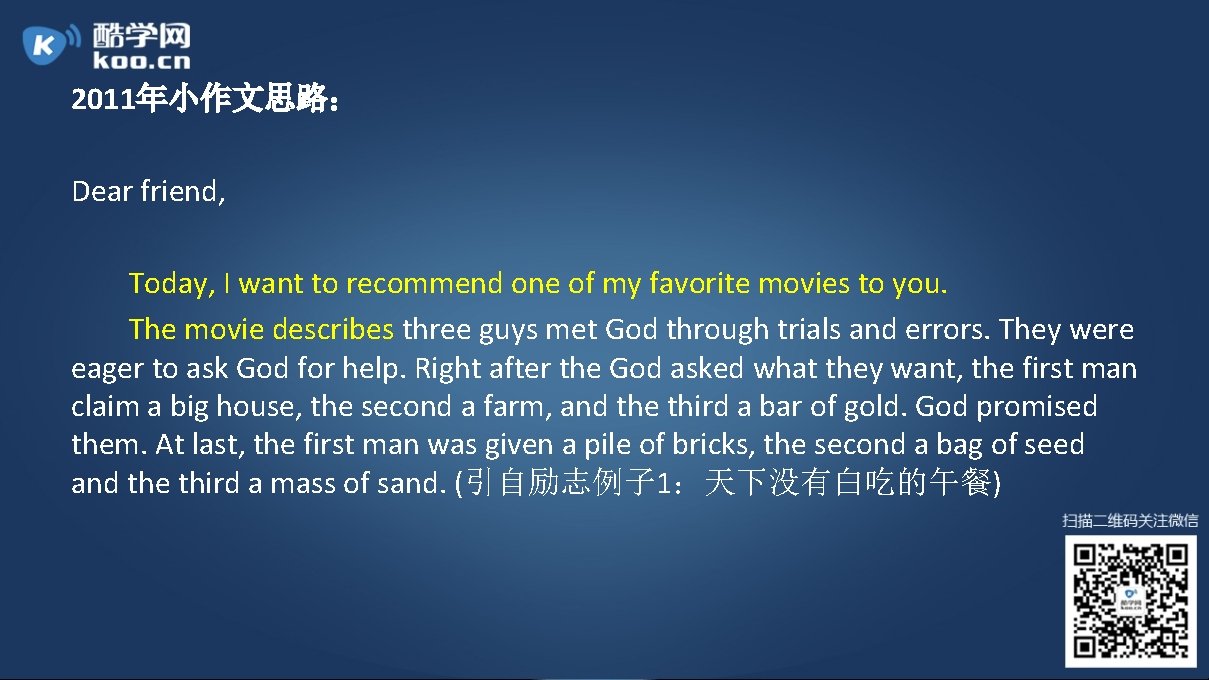 2011年小作文思路： Dear friend, Today, I want to recommend one of my favorite movies to
