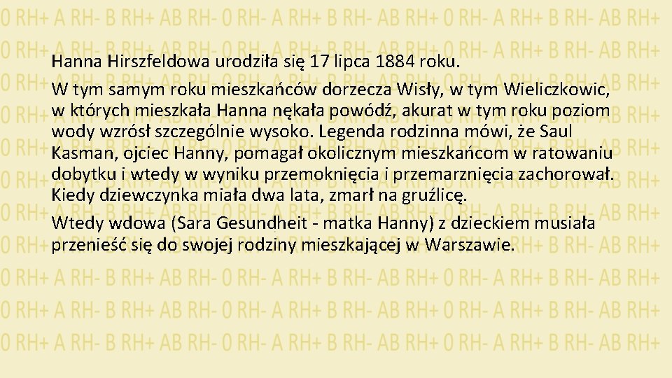 Hanna Hirszfeldowa urodziła się 17 lipca 1884 roku. W tym samym roku mieszkańców dorzecza