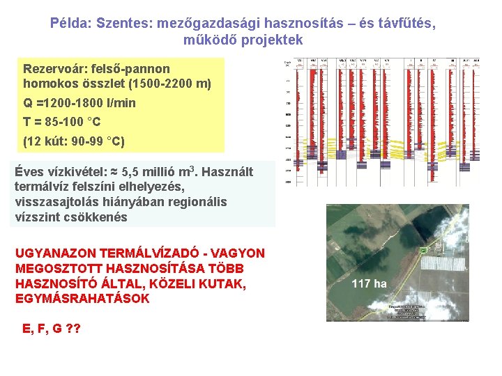 Példa: Szentes: mezőgazdasági hasznosítás – és távfűtés, működő projektek Rezervoár: felső-pannon homokos összlet (1500