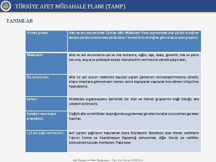 TÜRKİYE AFET MÜDAHALE PLANI (TAMP) TANIMLAR Hizmet grubu: Afet ve acil durumlarda Türkiye Afet