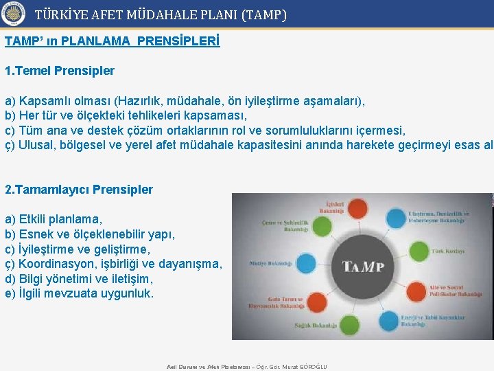 TÜRKİYE AFET MÜDAHALE PLANI (TAMP) TAMP’ ın PLANLAMA PRENSİPLERİ 1. Temel Prensipler a) Kapsamlı