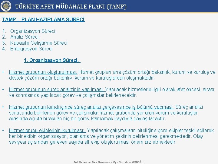TÜRKİYE AFET MÜDAHALE PLANI (TAMP) TAMP - PLAN HAZIRLAMA SÜRECİ 1. 2. 3. 4.