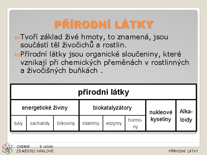 PŘÍRODNÍ LÁTKY Tvoří základ živé hmoty, to znamená, jsou součástí těl živočichů a rostlin.