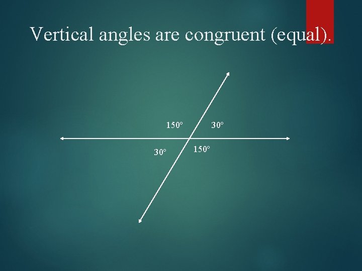 Vertical angles are congruent (equal). 150º 30º 150º 