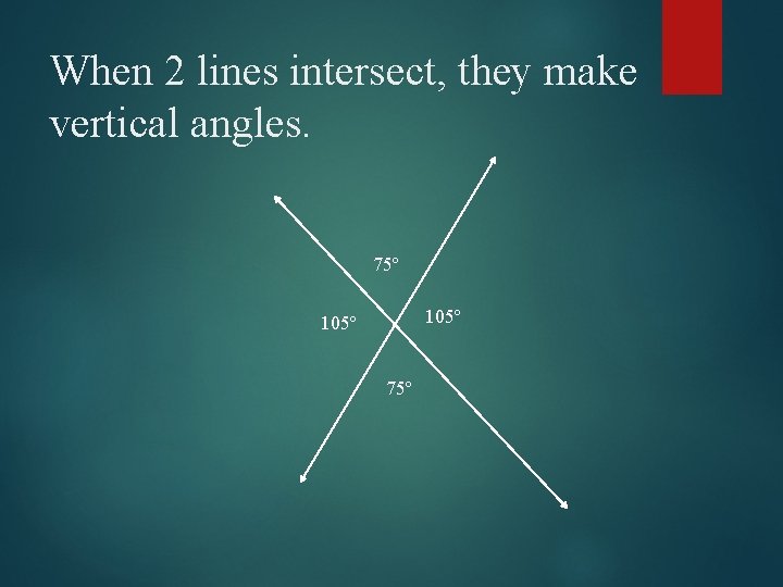 When 2 lines intersect, they make vertical angles. 75º 105º 75º 