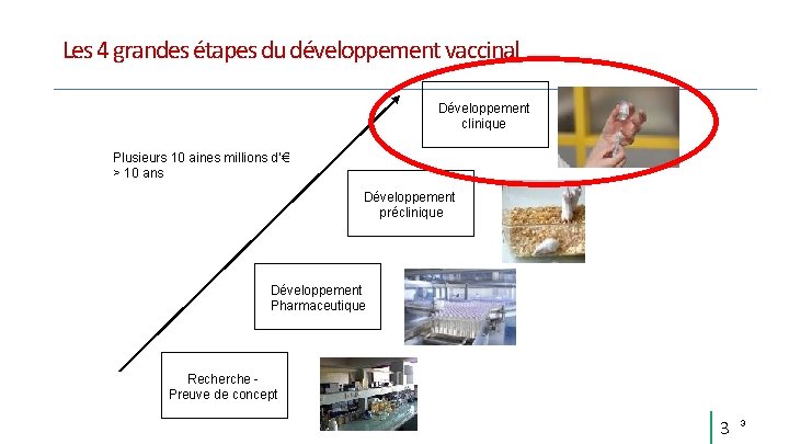 Les 4 grandes étapes du développement vaccinal Développement clinique Plusieurs 10 aines millions d’€ Les 4 grandes étapes du développement vaccinal Développement clinique Plusieurs 10 aines millions d’€