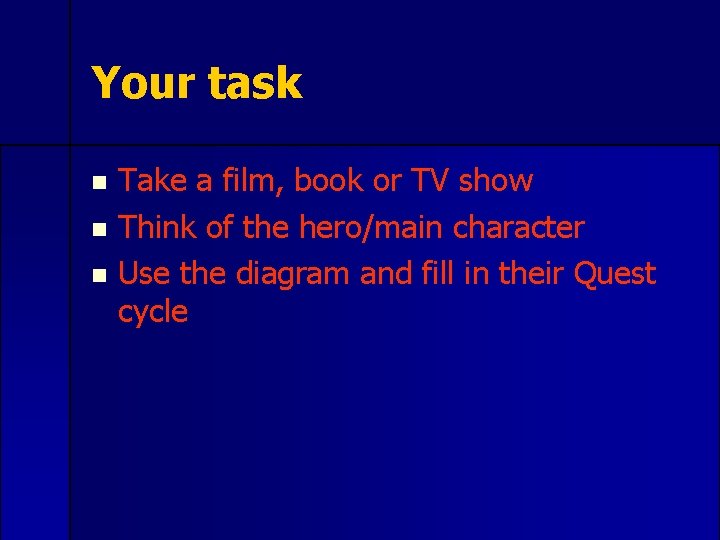 Your task Take a film, book or TV show n Think of the hero/main