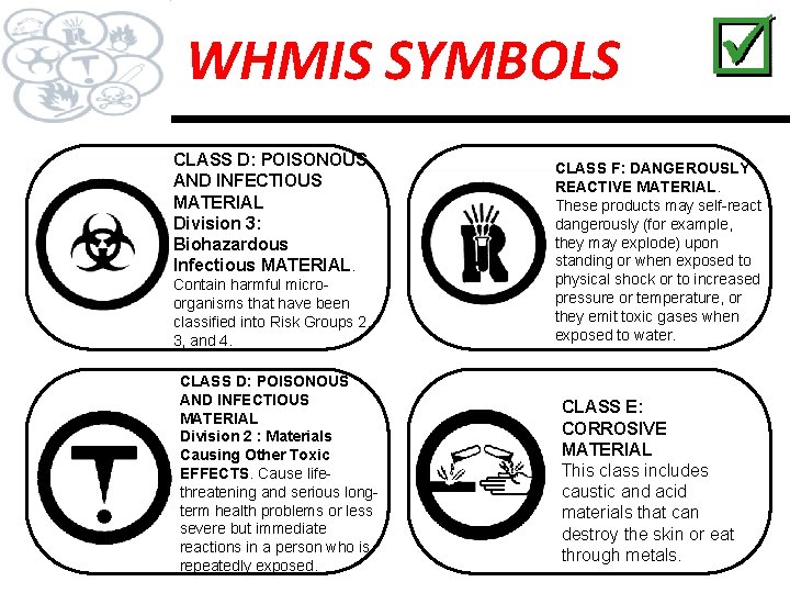 W. H. M. I. S. WHMIS SYMBOLS Workplace Hazardous Materials Information System CLASS D: